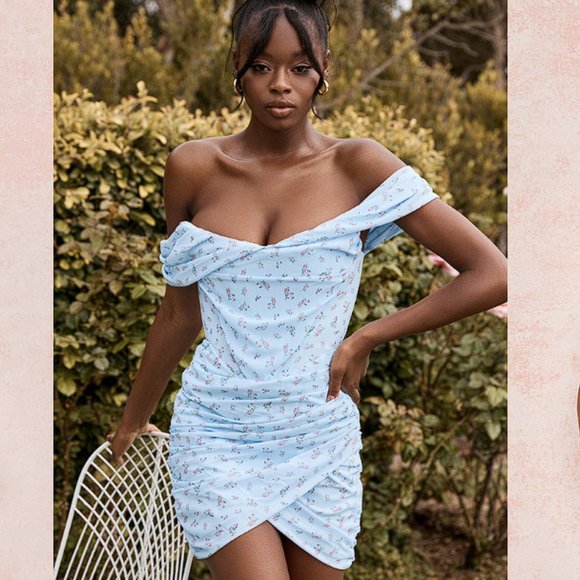 House of CB ‘Luna’ Blue Floral Draped Corset Mini Dress NWOT - Picture 4 of 10